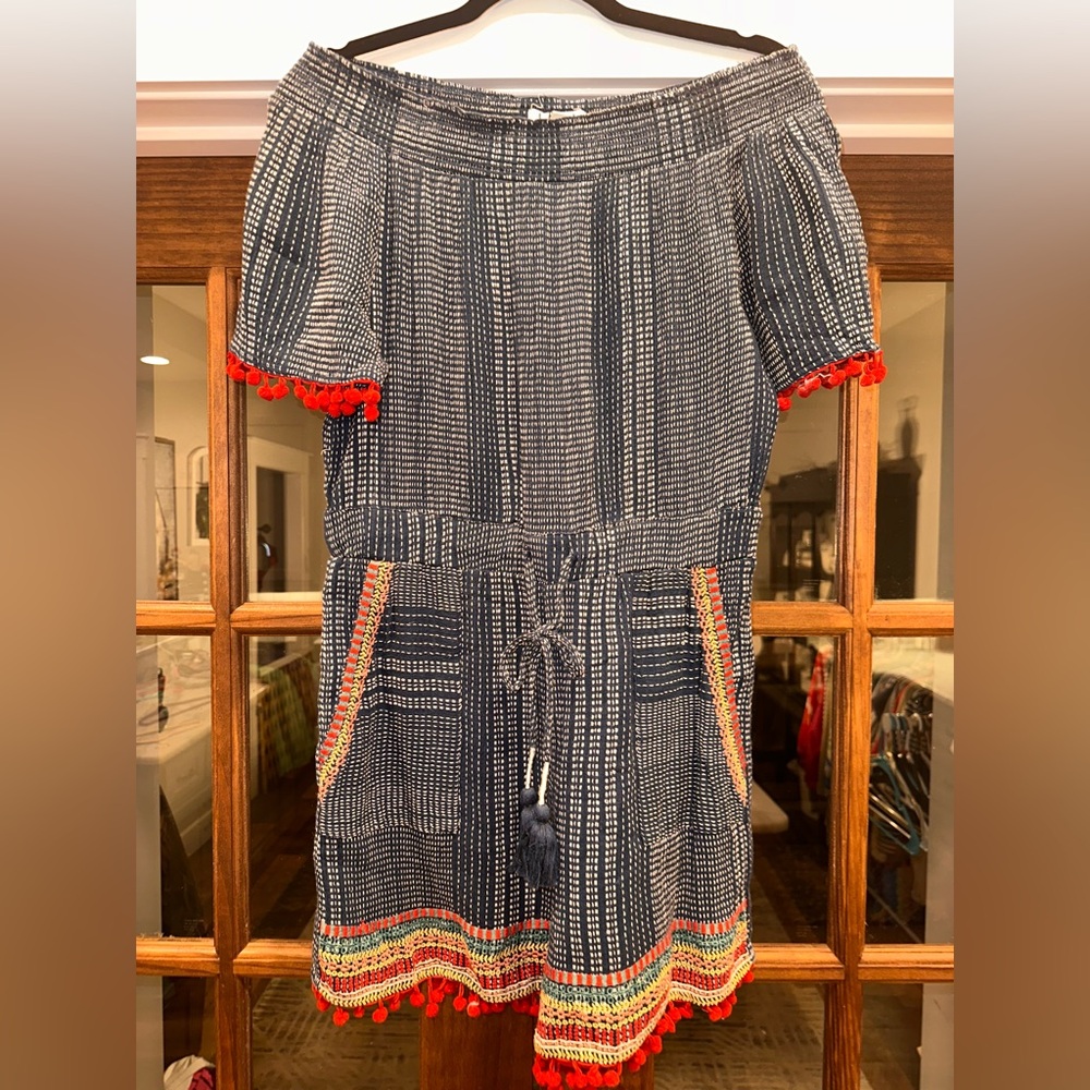 EUC THML Size Medium Off-Shoulder Blue Romper with‎ Red Trim & Tassles